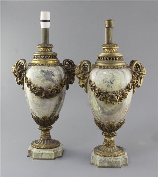 A pair of late 19th century French ormolu and marble lamp bases, 15.5in., fitted for electricity